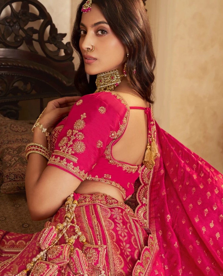 PINK - Hot Pink Zari Embroidered Banarasi Silk Lehenga