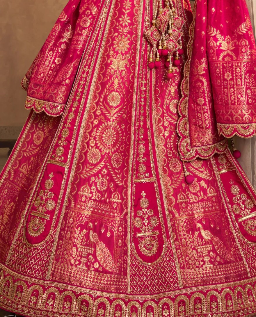 Hot Pink Zari Embroidered Banarasi Silk Lehenga