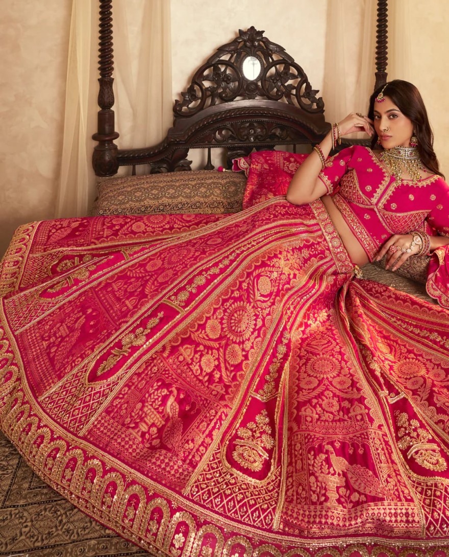 PINK - Hot Pink Zari Embroidered Banarasi Silk Lehenga