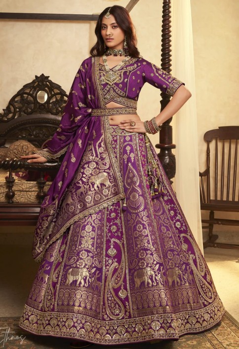 Purple Zari Embroidered Banarasi Silk Lehenga