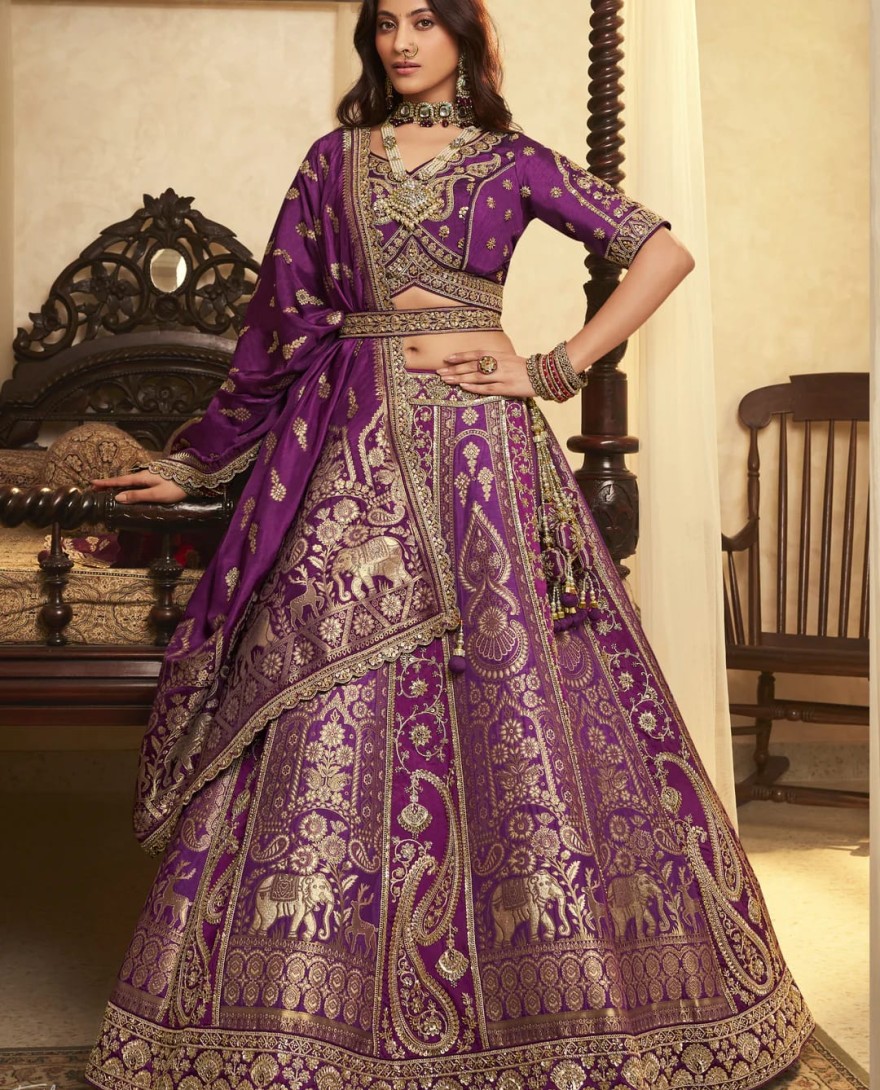PURPLE - Purple Zari Embroidered Banarasi Silk Lehenga