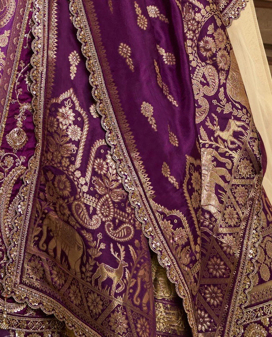 PURPLE - Purple Zari Embroidered Banarasi Silk Lehenga