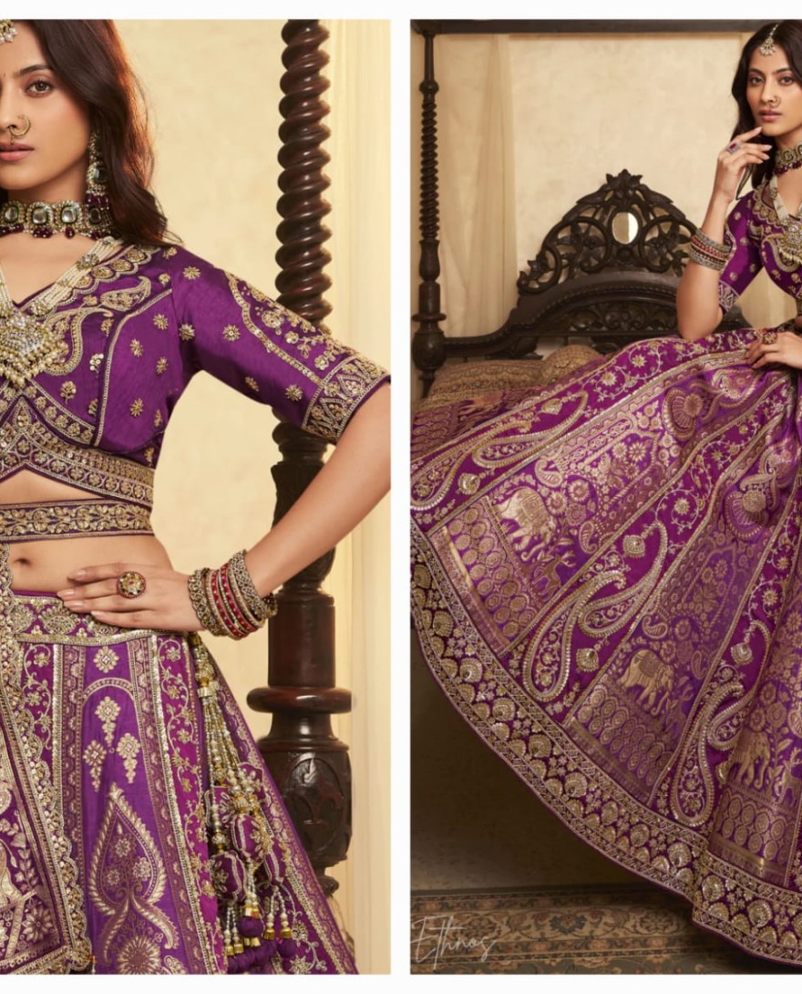 PURPLE - Purple Zari Embroidered Banarasi Silk Lehenga