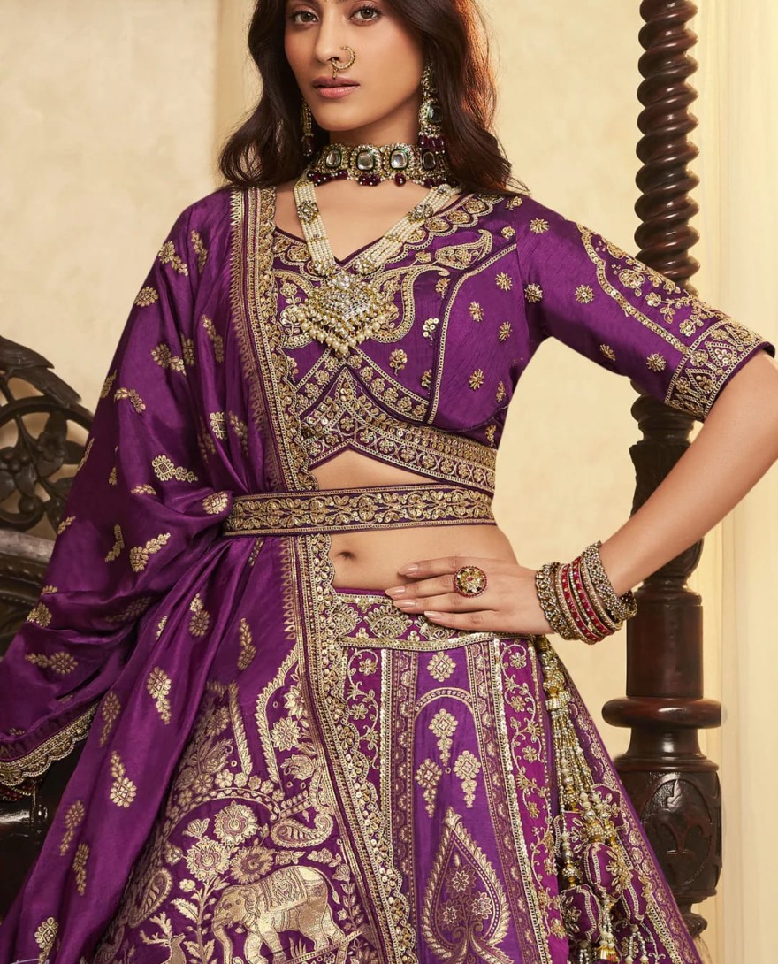 PURPLE - Purple Zari Embroidered Banarasi Silk Lehenga
