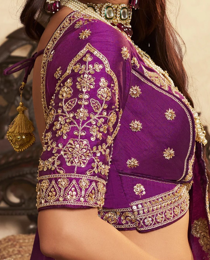 PURPLE - Purple Zari Embroidered Banarasi Silk Lehenga