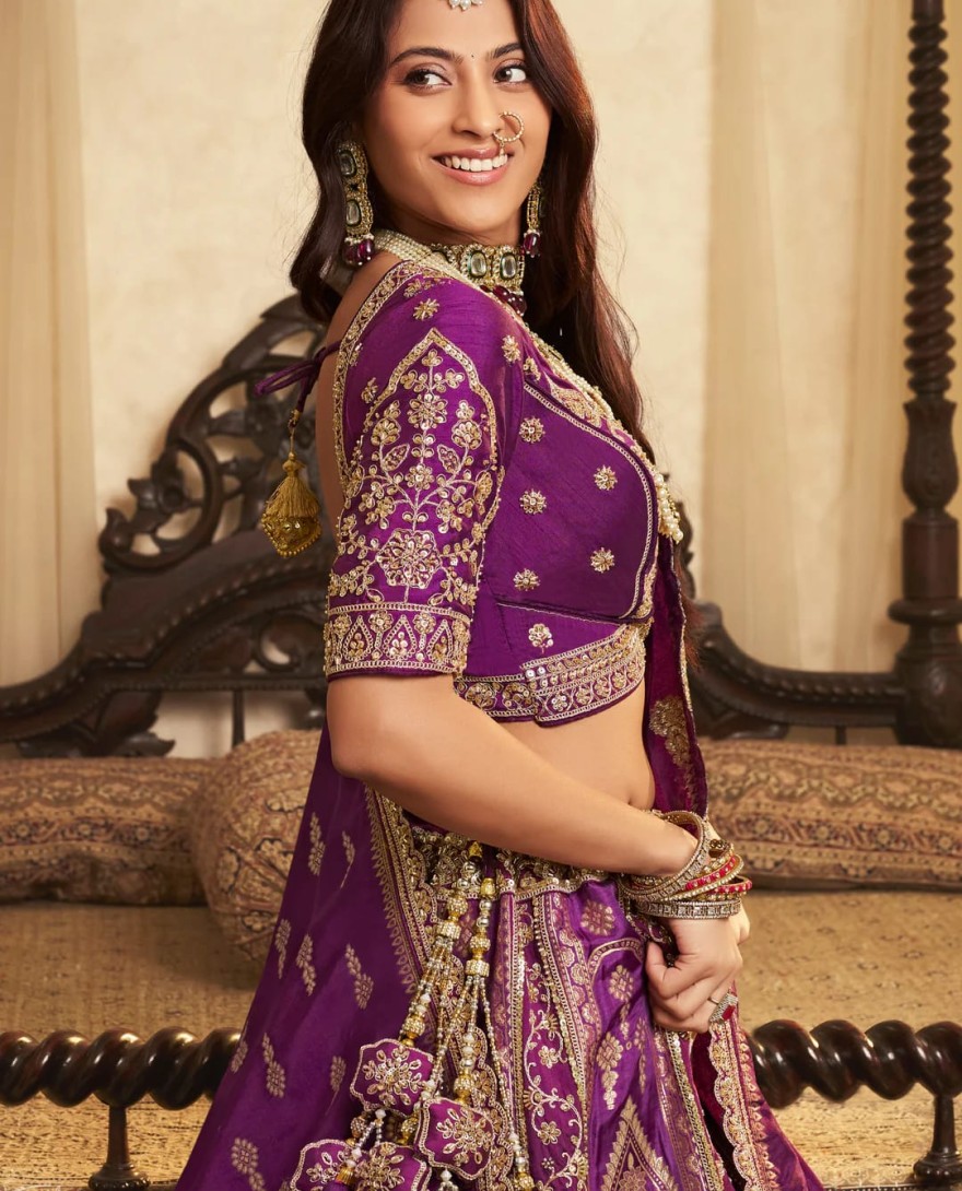 PURPLE - Purple Zari Embroidered Banarasi Silk Lehenga