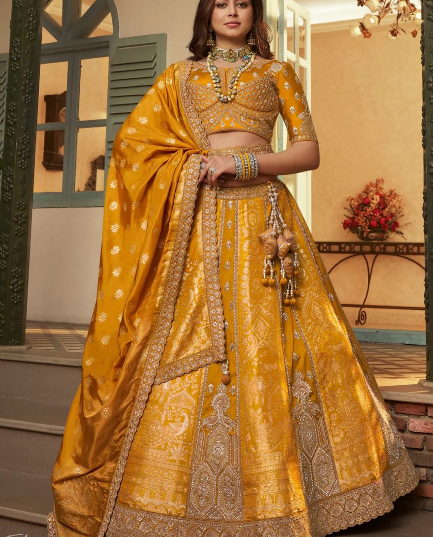 YELLOW - Orange Zari Embroidered Banarasi Silk Lehenga