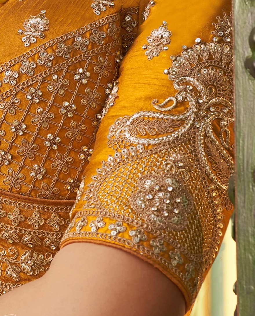 YELLOW - Orange Zari Embroidered Banarasi Silk Lehenga
