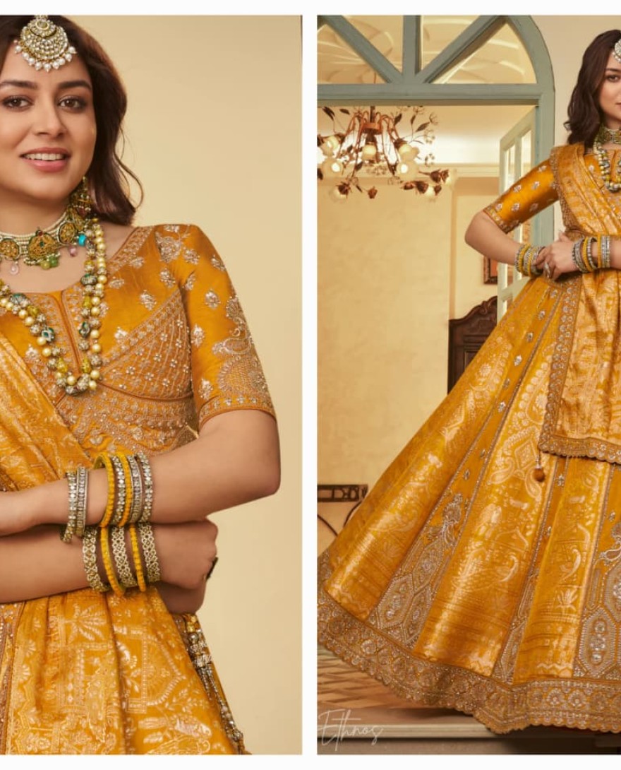 YELLOW - Orange Zari Embroidered Banarasi Silk Lehenga