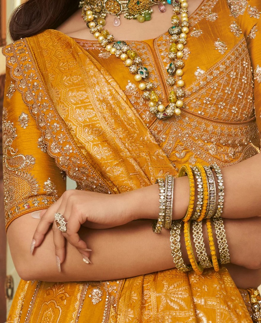 YELLOW - Orange Zari Embroidered Banarasi Silk Lehenga