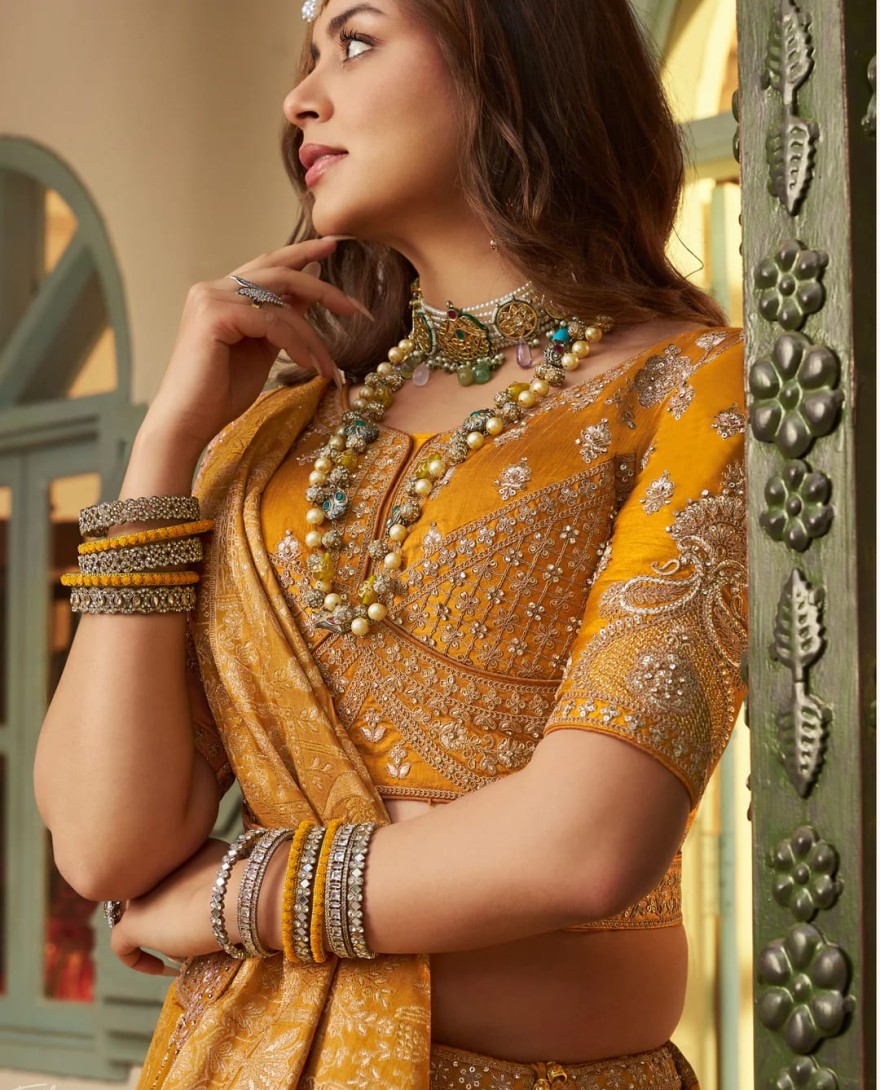 YELLOW - Orange Zari Embroidered Banarasi Silk Lehenga