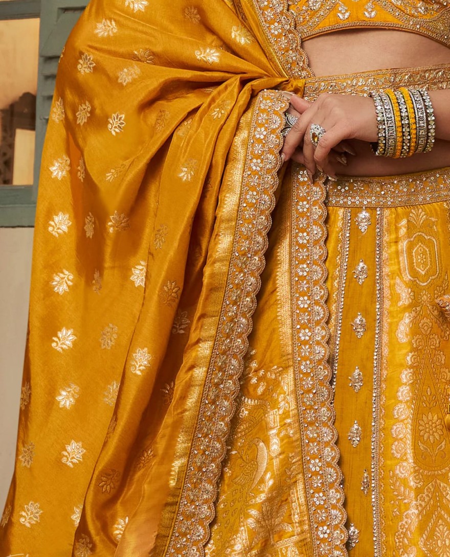YELLOW - Orange Zari Embroidered Banarasi Silk Lehenga