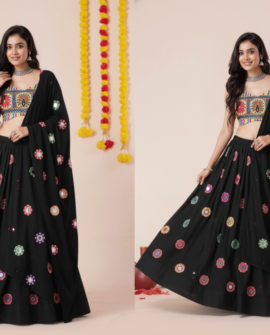 BLACK - Women's Black Premium Heavy Rayon Mirror And Thread Embroidery Work Lehenga Set