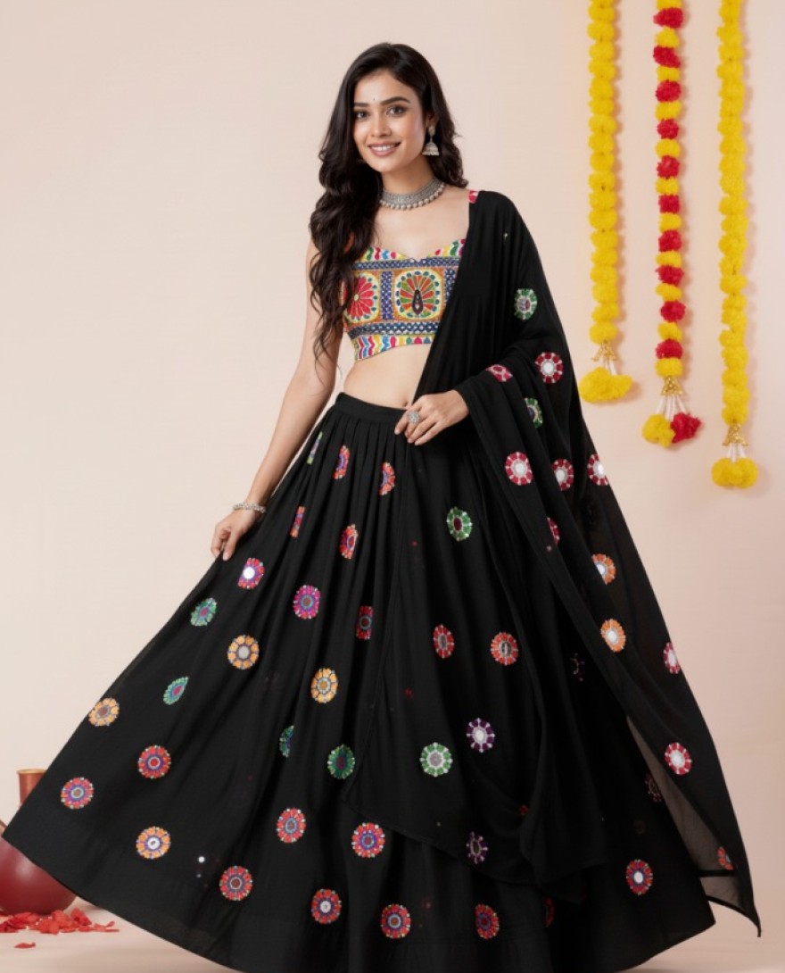 BLACK - Women's Black Premium Heavy Rayon Mirror And Thread Embroidery Work Lehenga Set