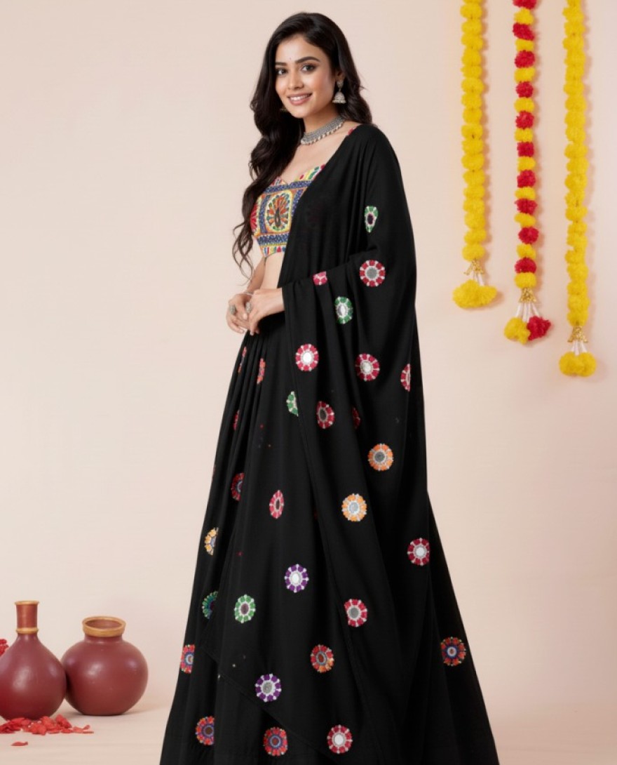 BLACK - Women's Black Premium Heavy Rayon Mirror And Thread Embroidery Work Lehenga Set