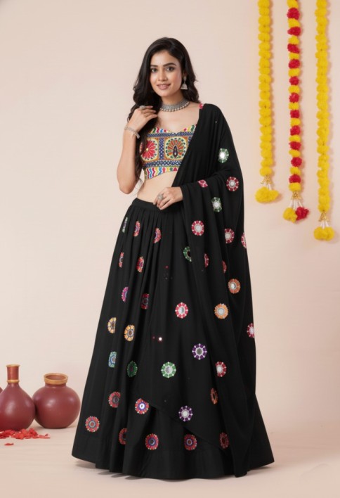 Women's Black Premium Heavy Rayon Mirror And Thread Embroidery Work Lehenga Set