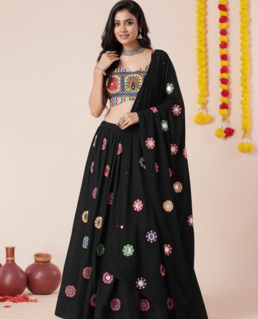 BLACK - Women's Black Premium Heavy Rayon Mirror And Thread Embroidery Work Lehenga Set