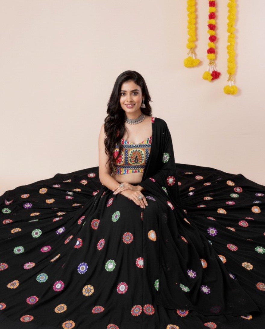 BLACK - Women's Black Premium Heavy Rayon Mirror And Thread Embroidery Work Lehenga Set