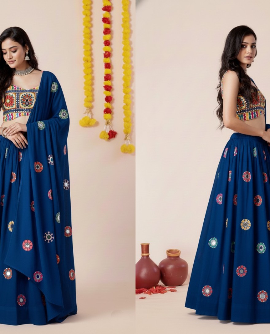 BLUE - Women's Teal Blue Premium Heavy Rayon Mirror And Thread Embroidery Work Lehenga Set