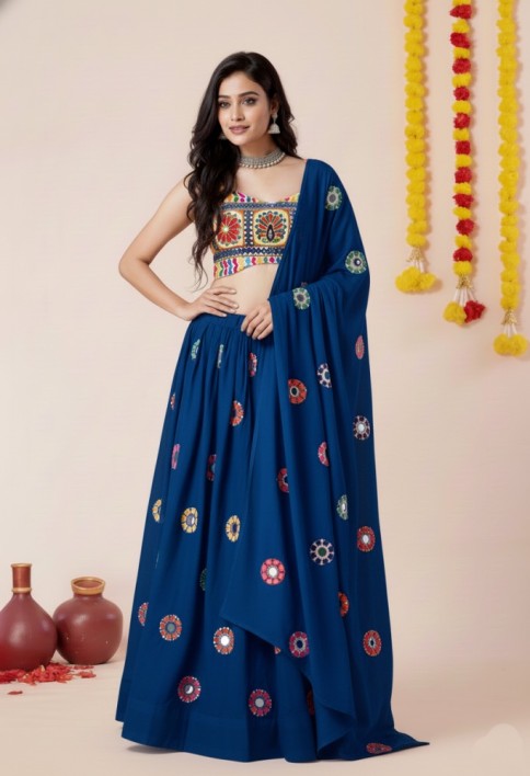 Women's Teal Blue Premium Heavy Rayon Mirror And Thread Embroidery Work Lehenga Set