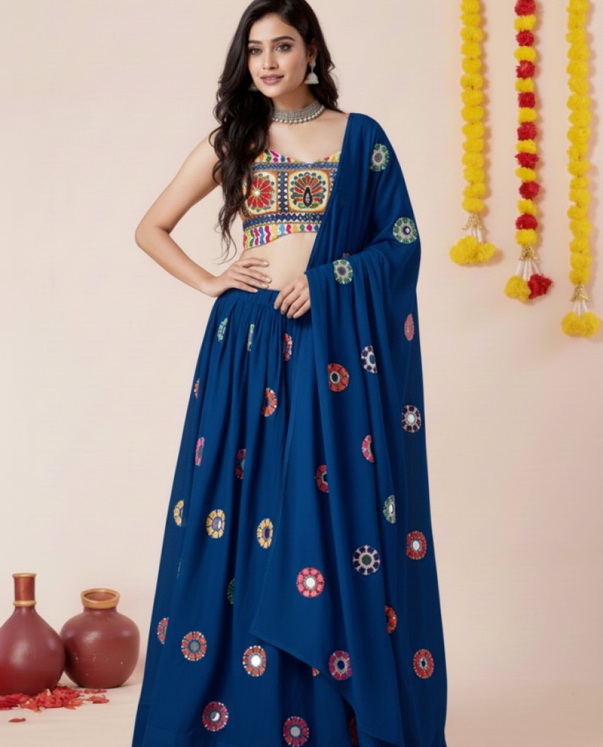 BLUE - Women's Teal Blue Premium Heavy Rayon Mirror And Thread Embroidery Work Lehenga Set