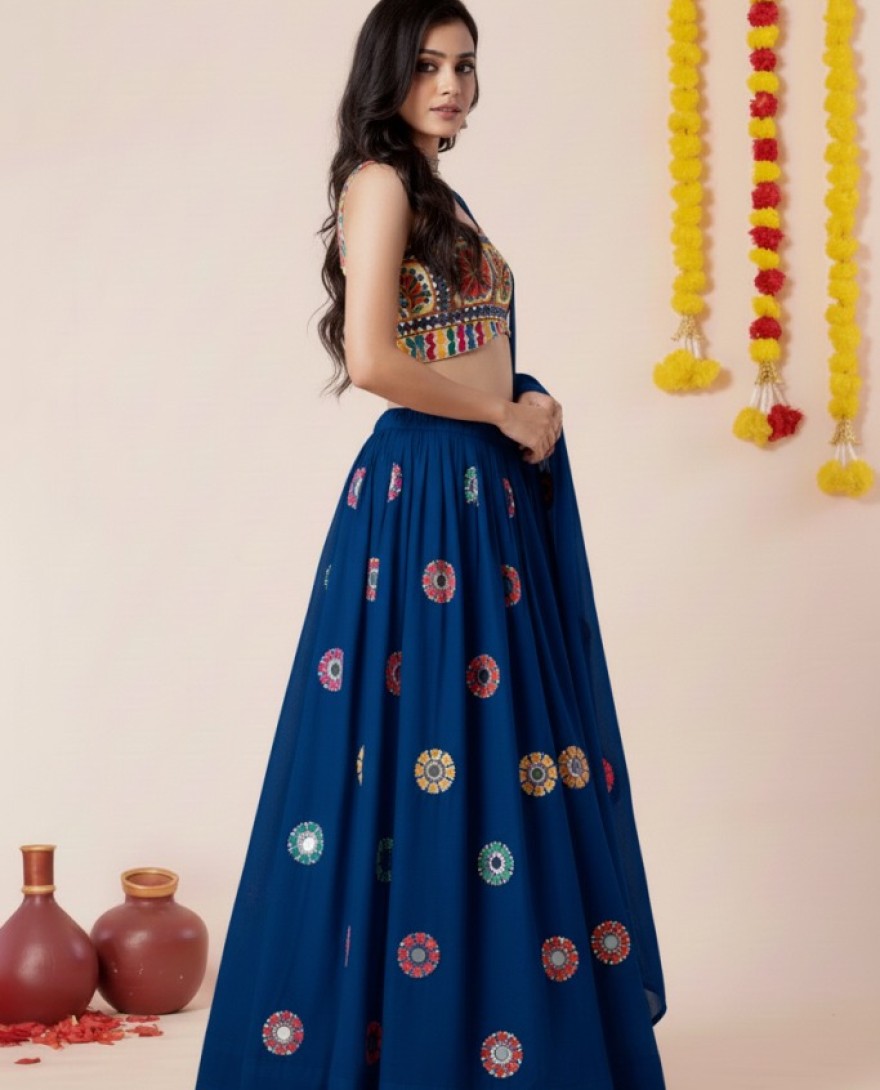 BLUE - Women's Teal Blue Premium Heavy Rayon Mirror And Thread Embroidery Work Lehenga Set