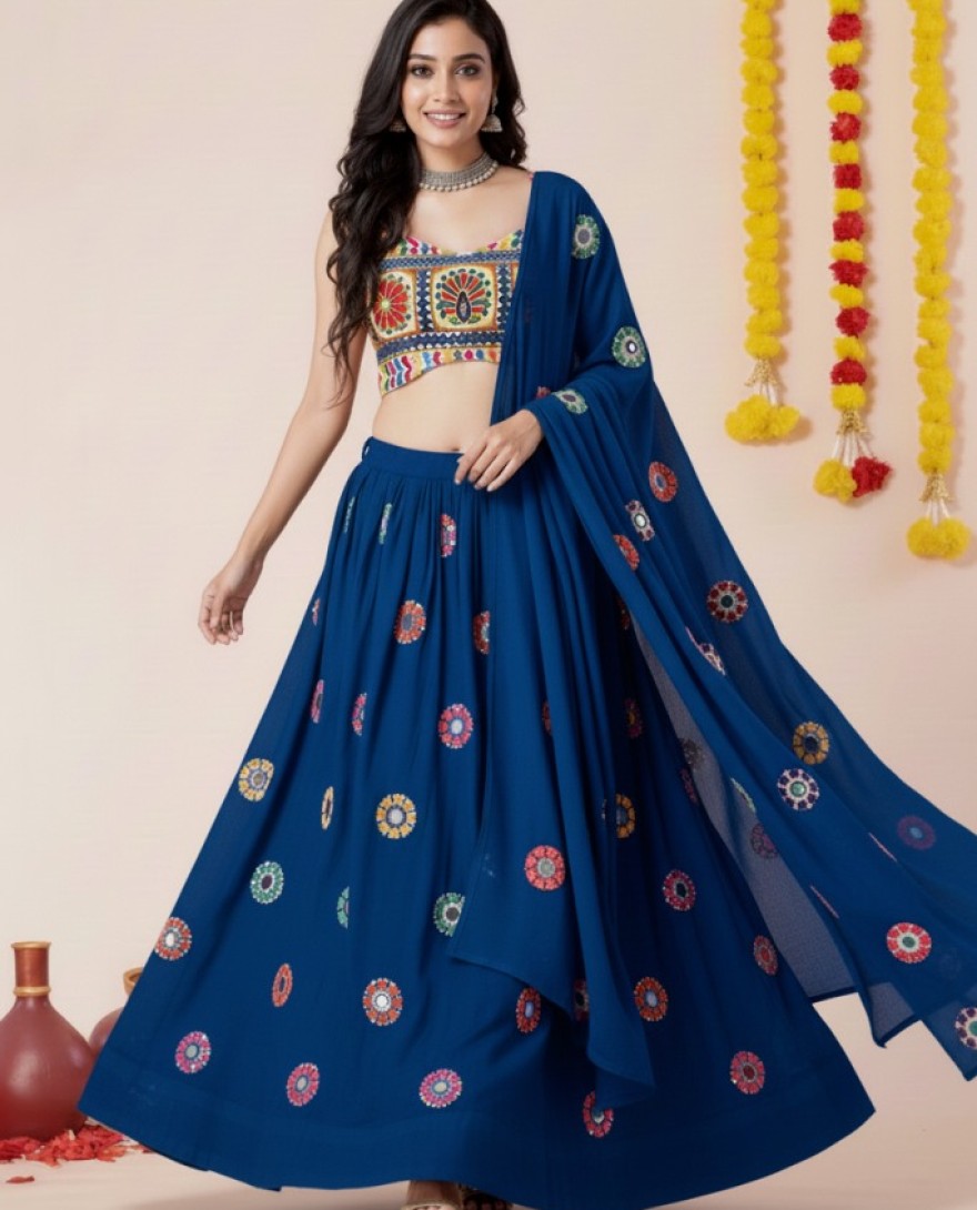 BLUE - Women's Teal Blue Premium Heavy Rayon Mirror And Thread Embroidery Work Lehenga Set