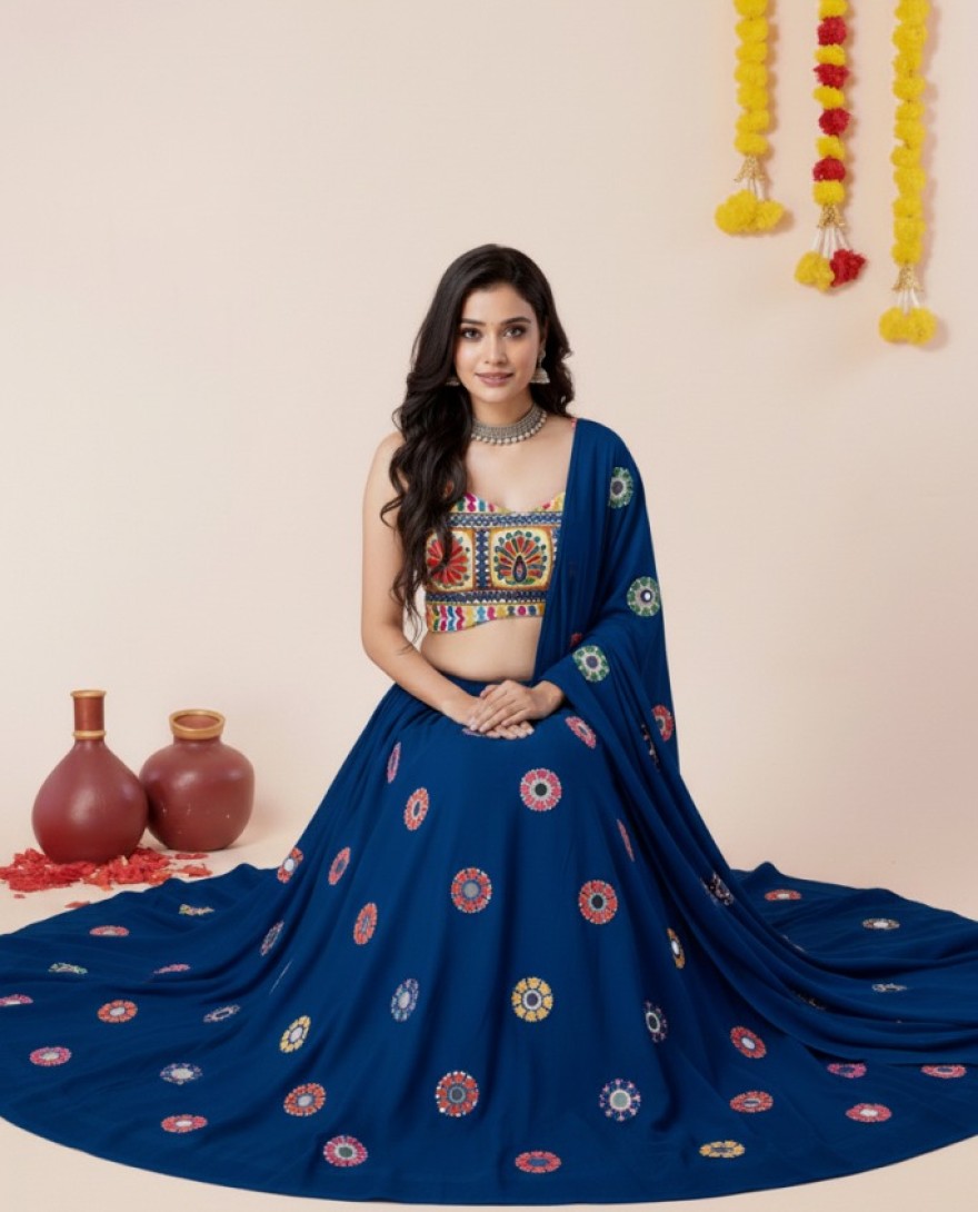 BLUE - Women's Teal Blue Premium Heavy Rayon Mirror And Thread Embroidery Work Lehenga Set