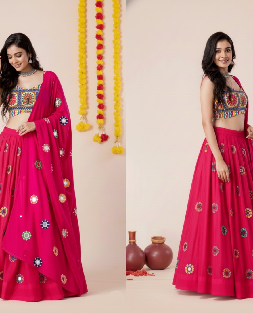 PINK - Women's Pink Premium Heavy Rayon Mirror And Thread Embroidery Work Lehenga Set