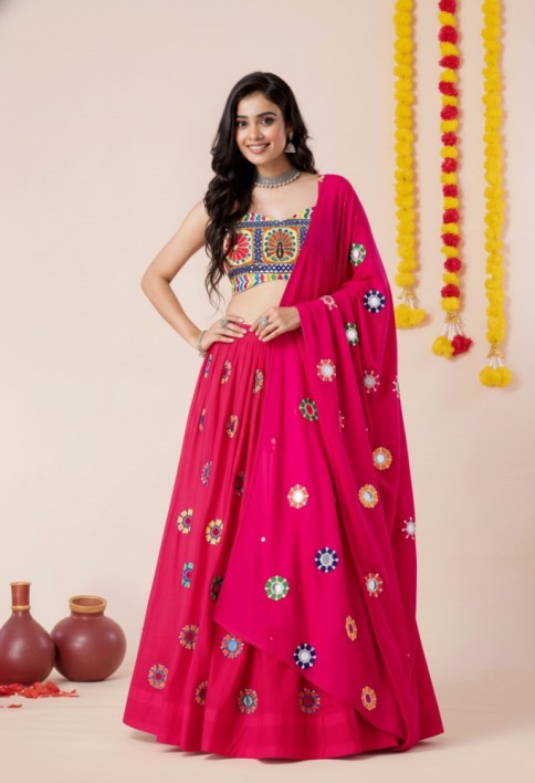 Women's Pink Premium Heavy Rayon Mirror And Thread Embroidery Work Lehenga Set