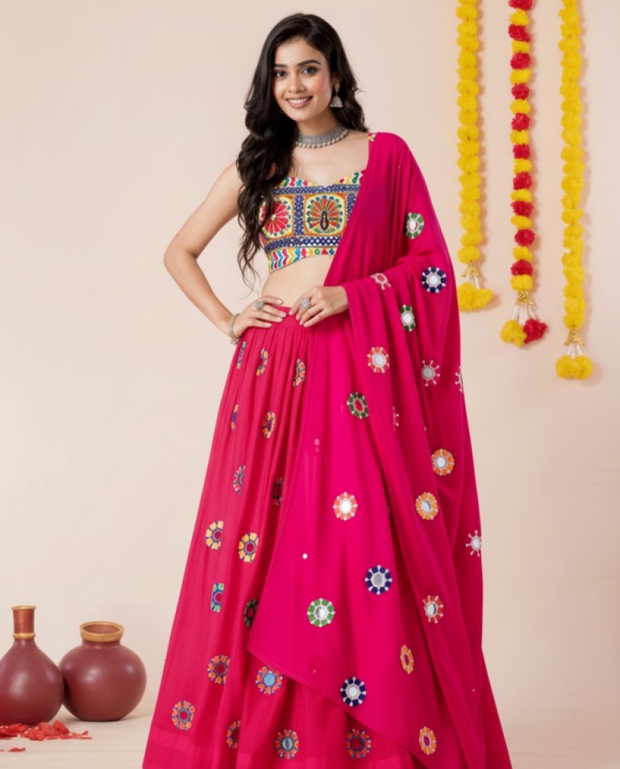 PINK - Women's Pink Premium Heavy Rayon Mirror And Thread Embroidery Work Lehenga Set