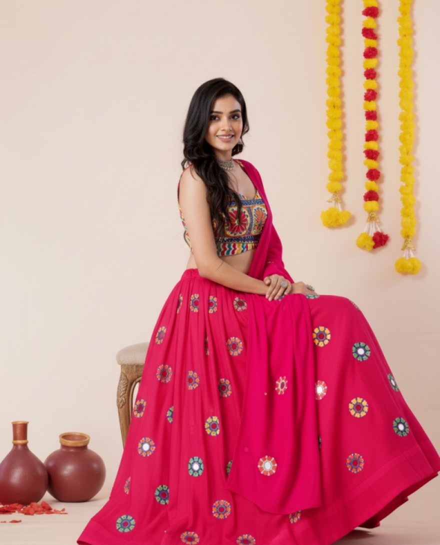 PINK - Women's Pink Premium Heavy Rayon Mirror And Thread Embroidery Work Lehenga Set