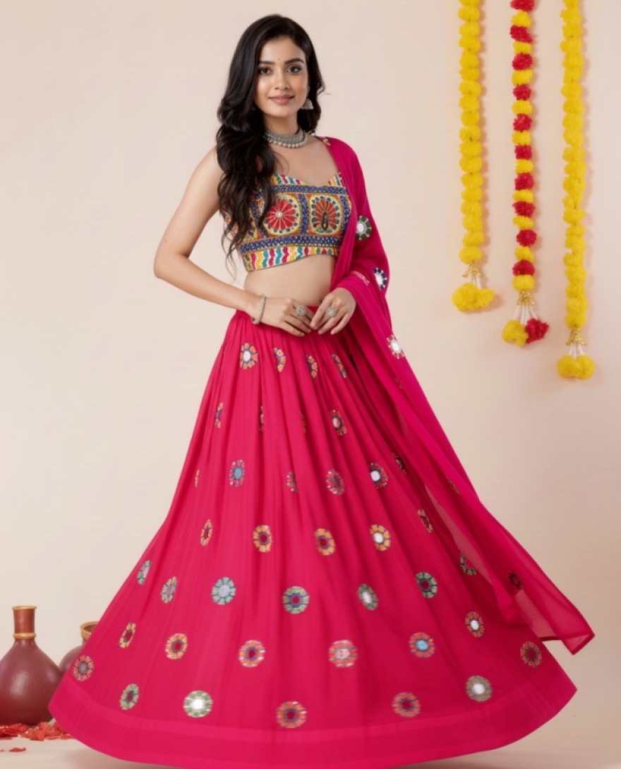PINK - Women's Pink Premium Heavy Rayon Mirror And Thread Embroidery Work Lehenga Set