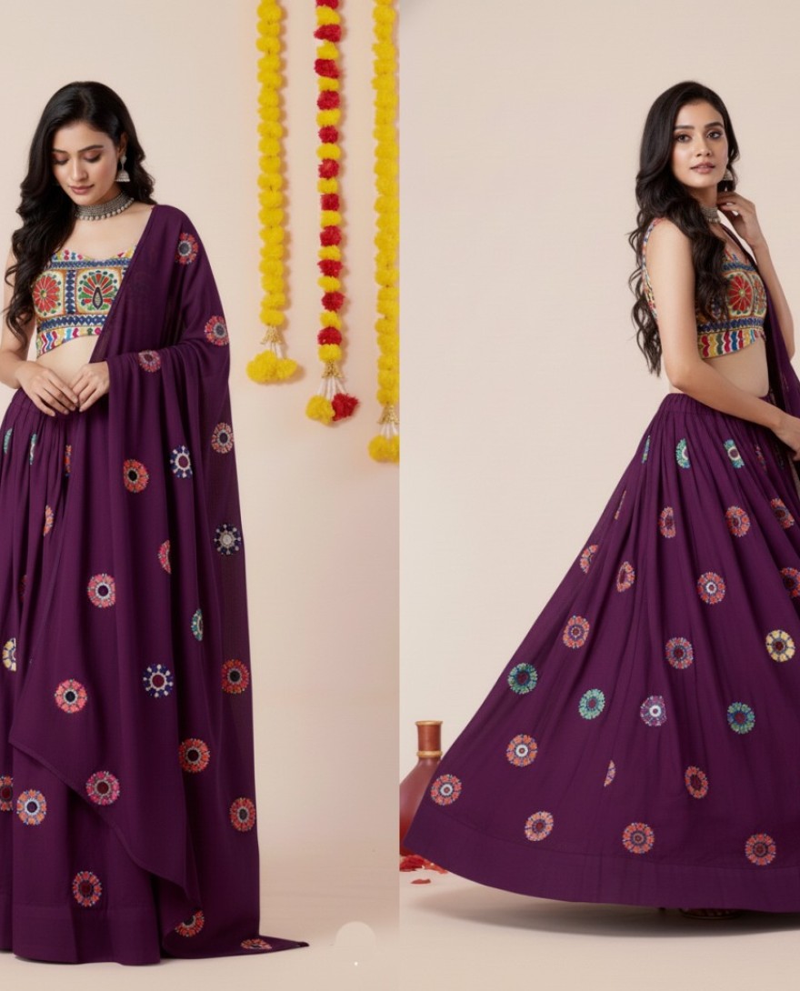 PURPLE - Women's Wine Premium Heavy Rayon Mirror And Thread Embroidery Work Lehenga Set