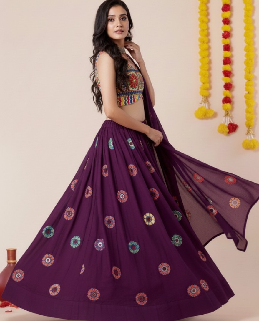 PURPLE - Women's Wine Premium Heavy Rayon Mirror And Thread Embroidery Work Lehenga Set