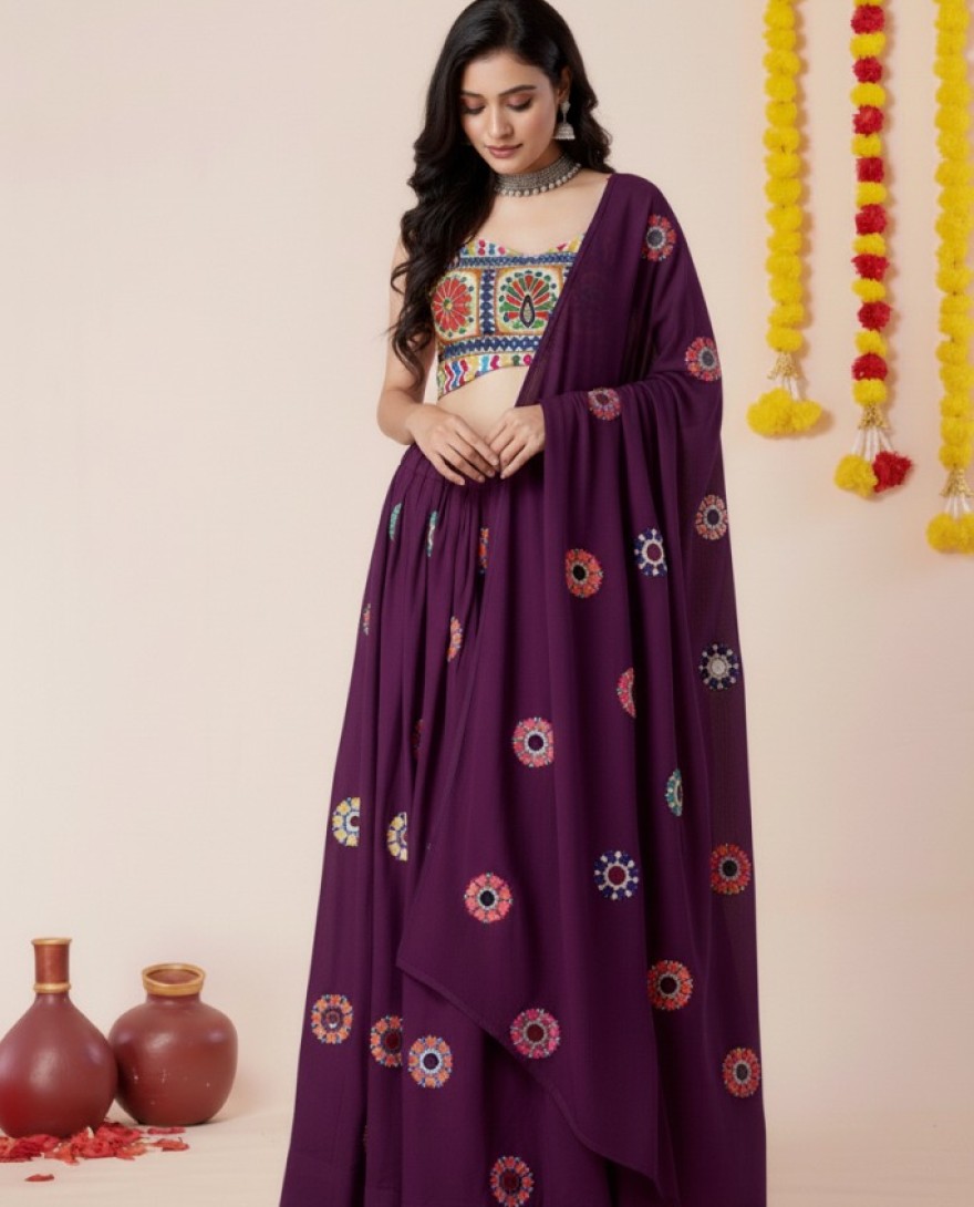 PURPLE - Women's Wine Premium Heavy Rayon Mirror And Thread Embroidery Work Lehenga Set