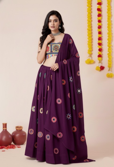 Women's Wine Premium Heavy Rayon Mirror And Thread Embroidery Work Lehenga Set