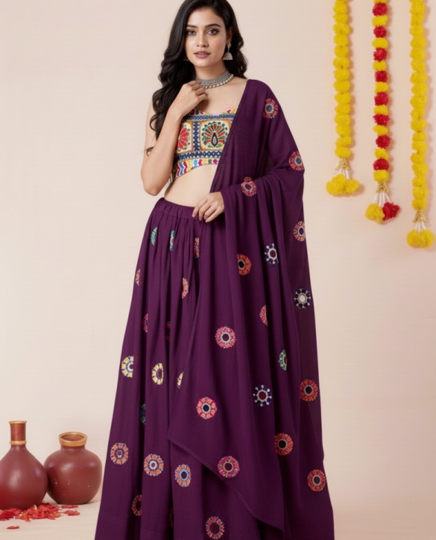 PURPLE - Women's Wine Premium Heavy Rayon Mirror And Thread Embroidery Work Lehenga Set