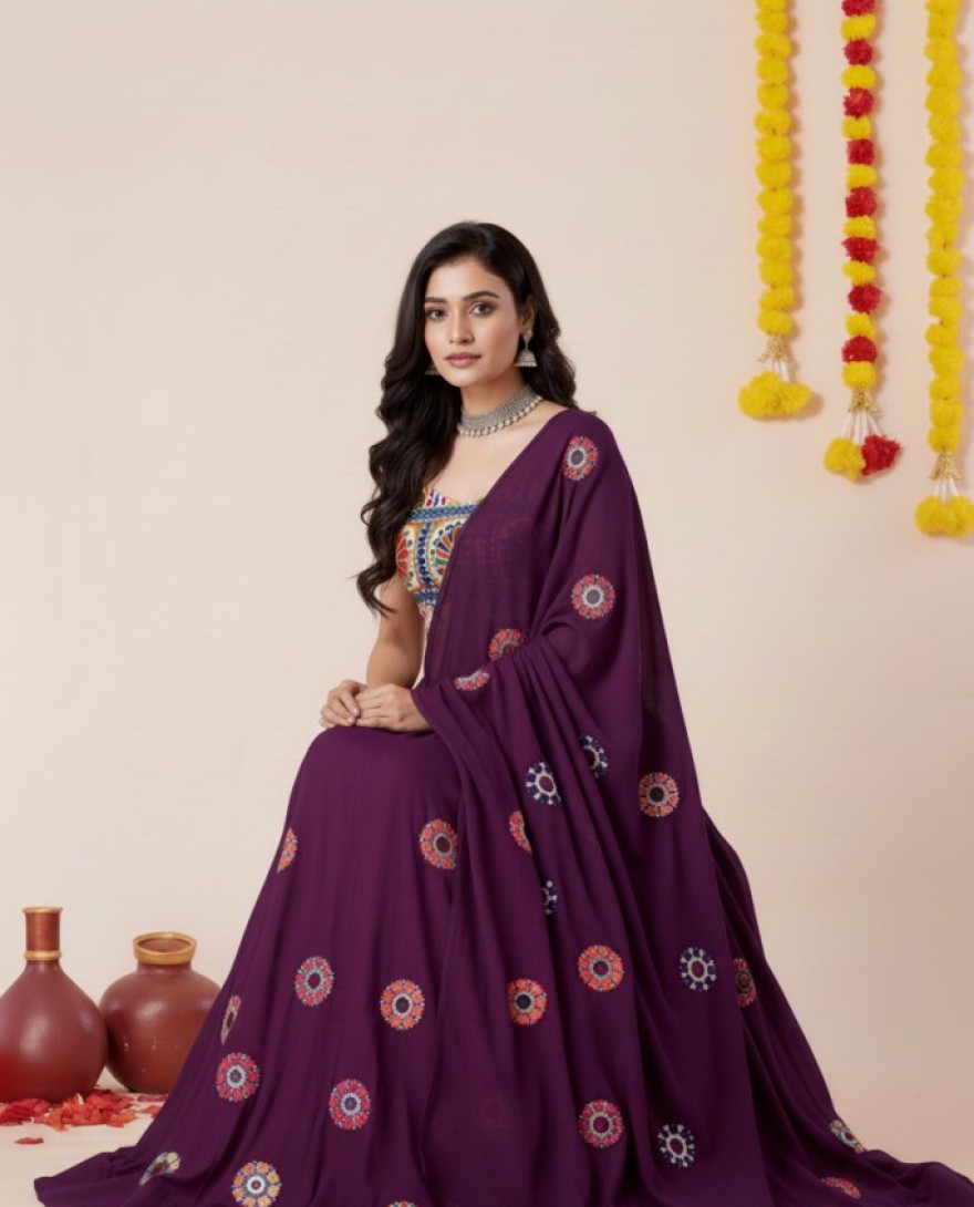 PURPLE - Women's Wine Premium Heavy Rayon Mirror And Thread Embroidery Work Lehenga Set