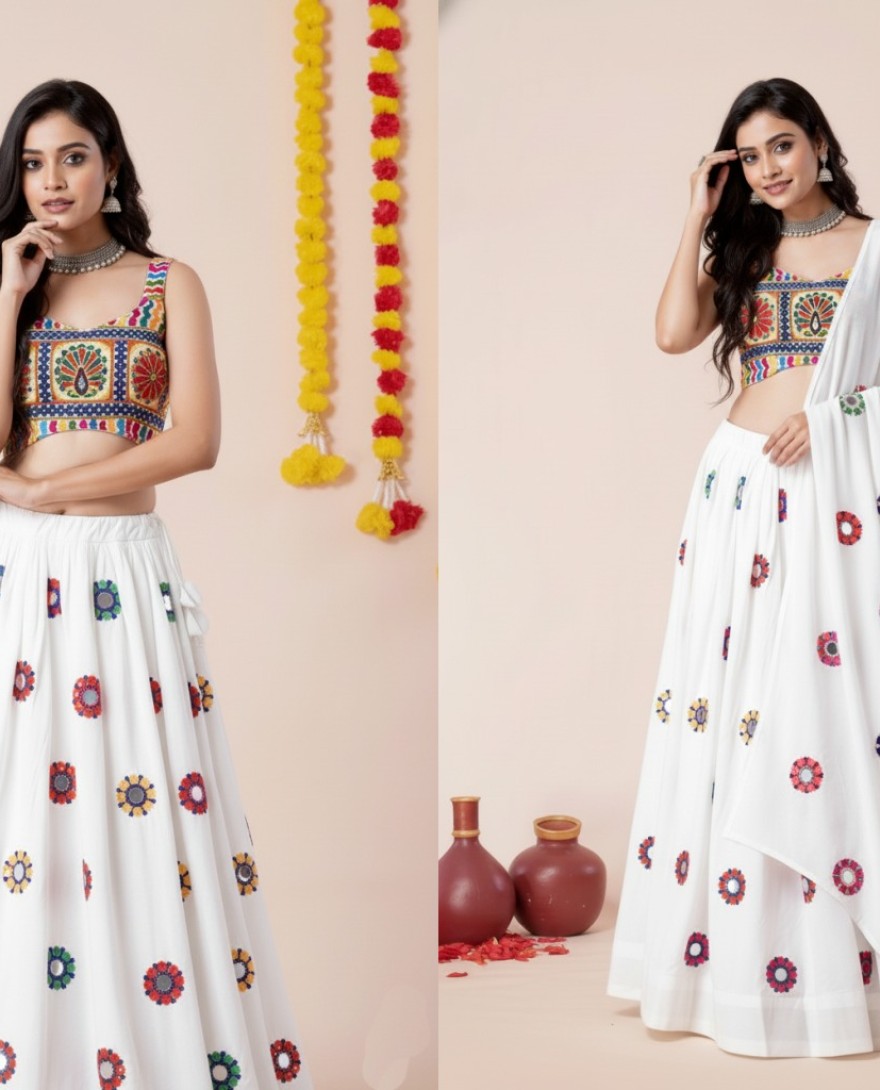 WHITE - Women's White Premium Heavy Rayon Mirror And Thread Embroidery Work Lehenga Set