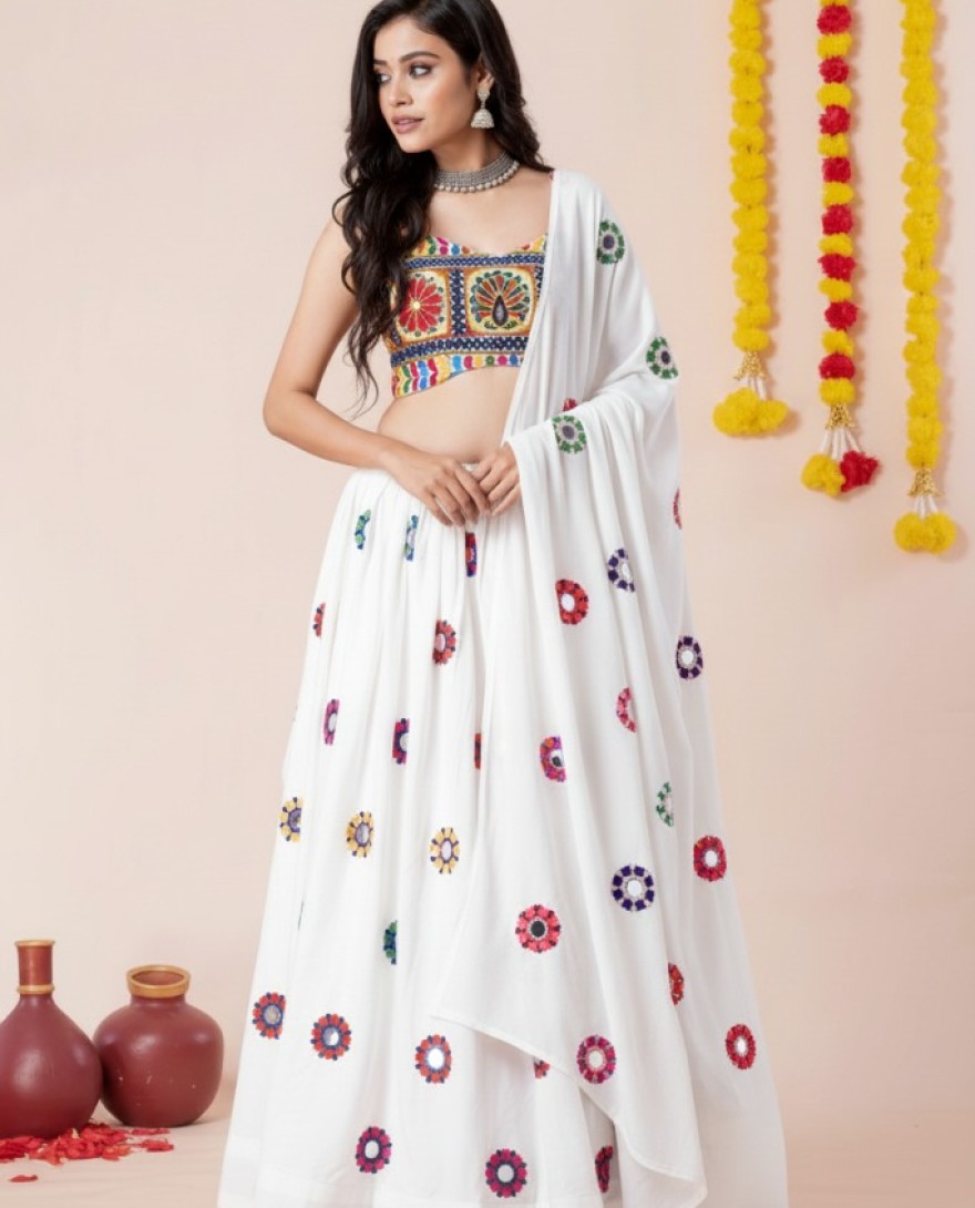 WHITE - Women's White Premium Heavy Rayon Mirror And Thread Embroidery Work Lehenga Set