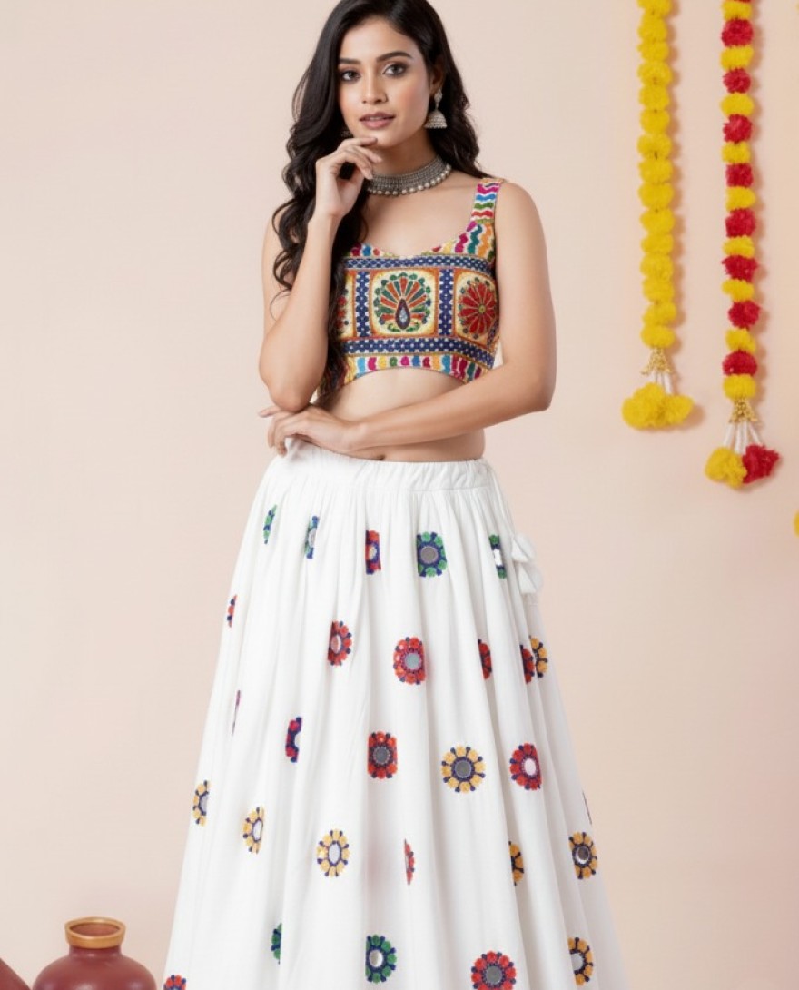 WHITE - Women's White Premium Heavy Rayon Mirror And Thread Embroidery Work Lehenga Set