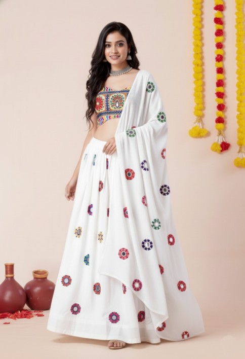 Women's White Premium Heavy Rayon Mirror And Thread Embroidery Work Lehenga Set