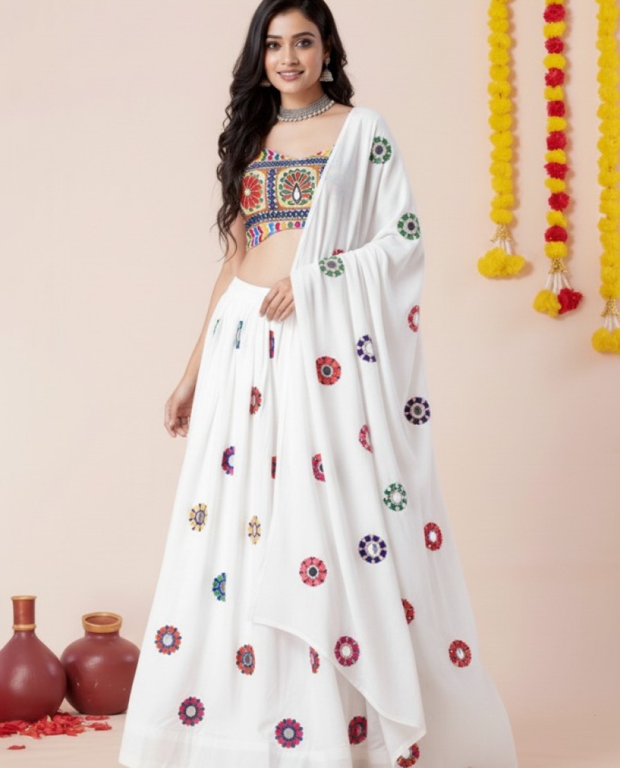 WHITE - Women's White Premium Heavy Rayon Mirror And Thread Embroidery Work Lehenga Set