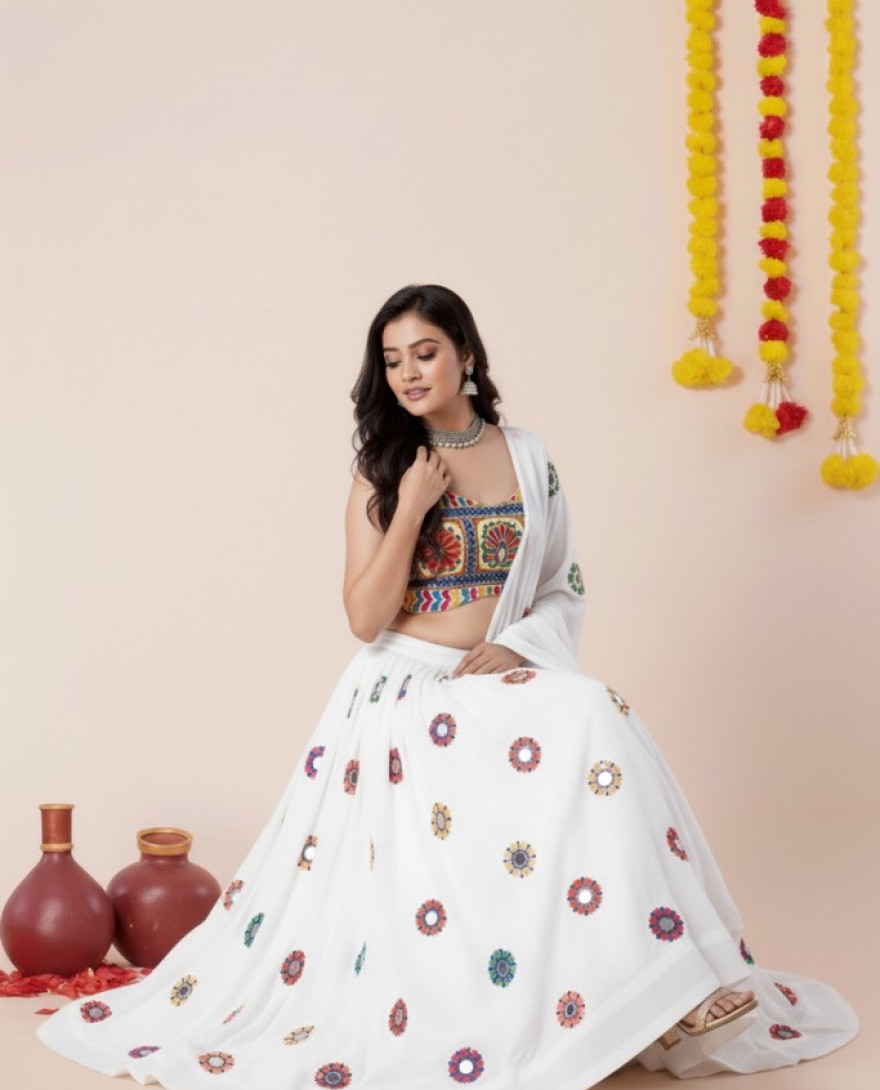 WHITE - Women's White Premium Heavy Rayon Mirror And Thread Embroidery Work Lehenga Set