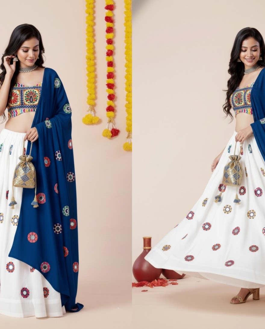 WHITEBLUE - Women's White Premium Heavy Rayon Mirror And Thread Embroidery Work Lehenga Set
