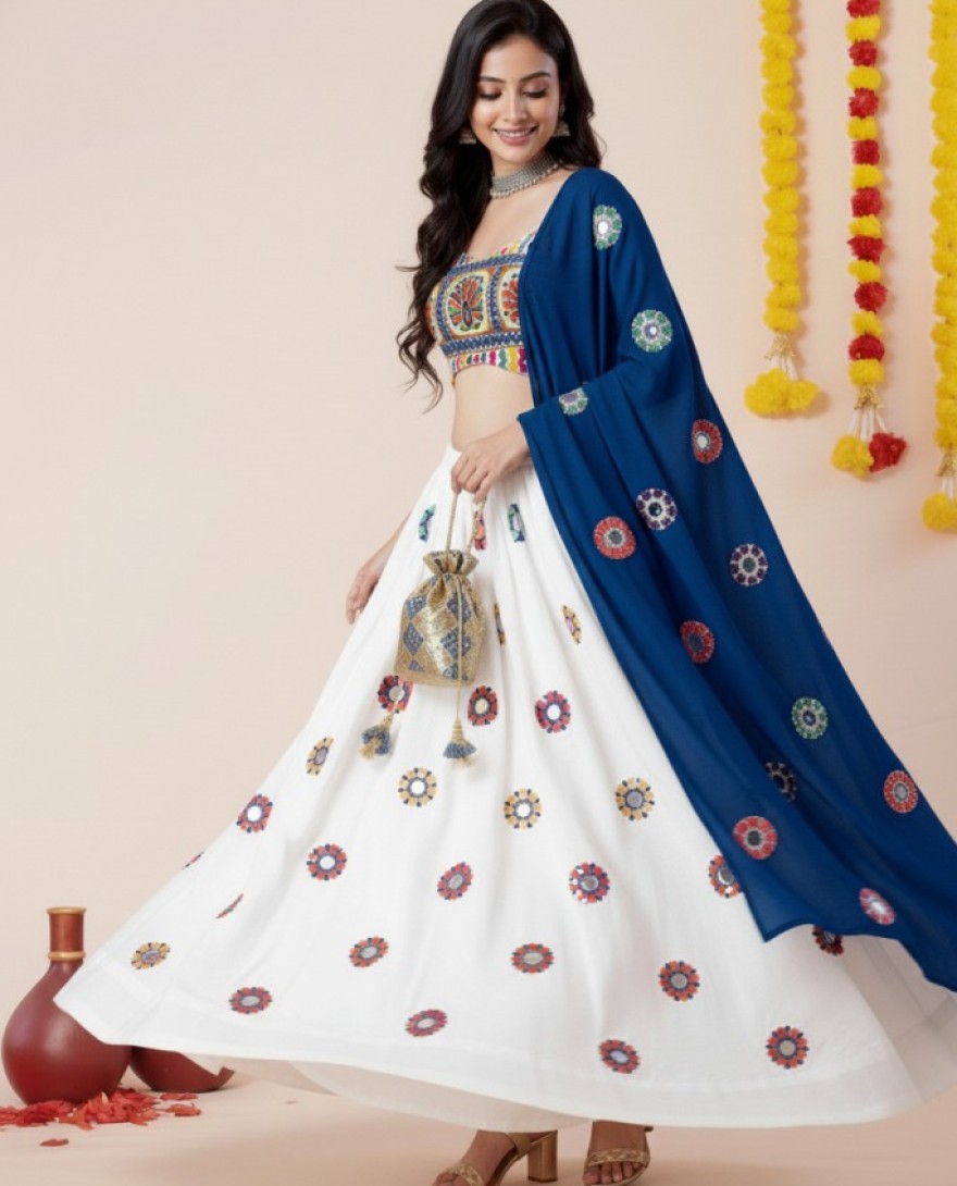 WHITEBLUE - Women's White Premium Heavy Rayon Mirror And Thread Embroidery Work Lehenga Set