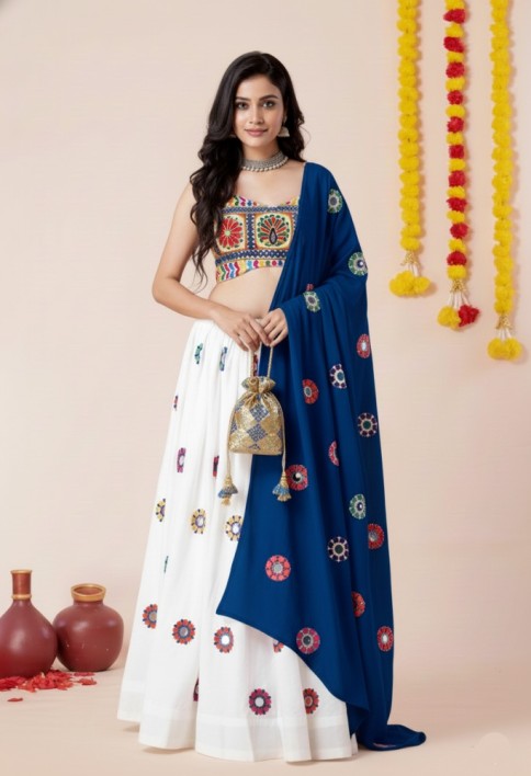 Women's White Premium Heavy Rayon Mirror And Thread Embroidery Work Lehenga Set