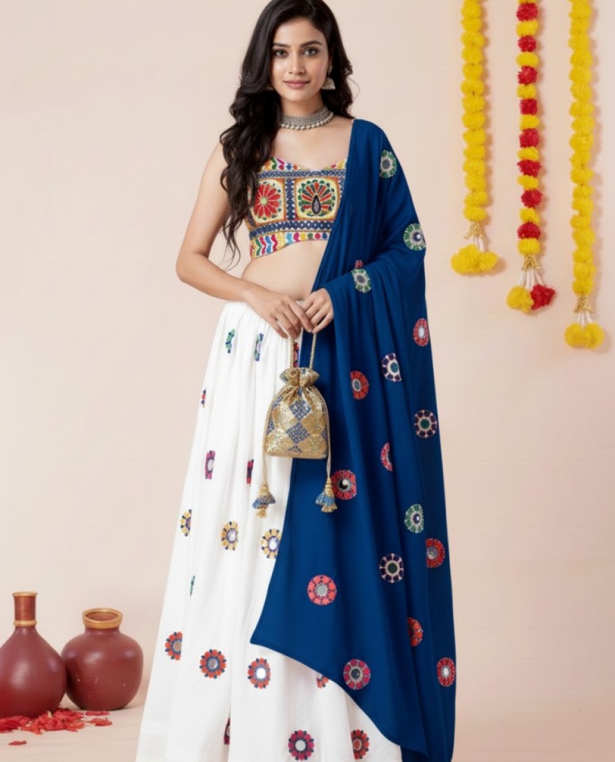 WHITEBLUE - Women's White Premium Heavy Rayon Mirror And Thread Embroidery Work Lehenga Set