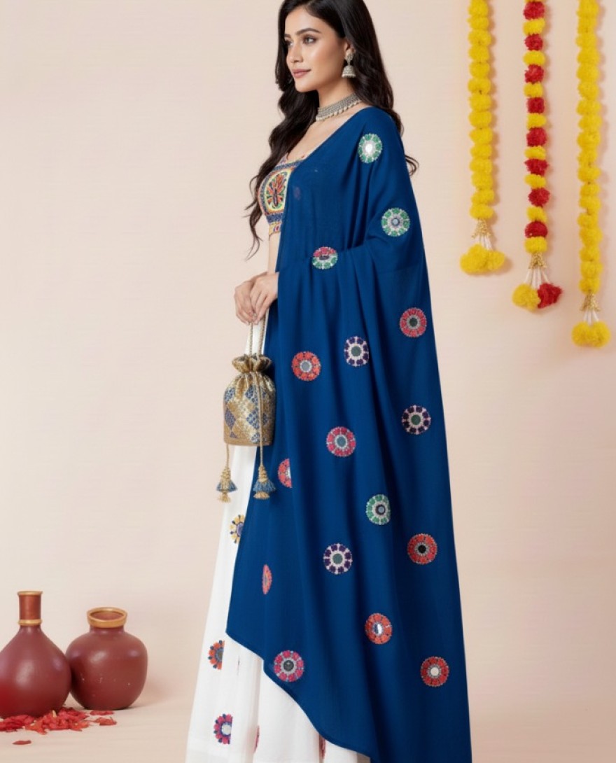 WHITEBLUE - Women's White Premium Heavy Rayon Mirror And Thread Embroidery Work Lehenga Set